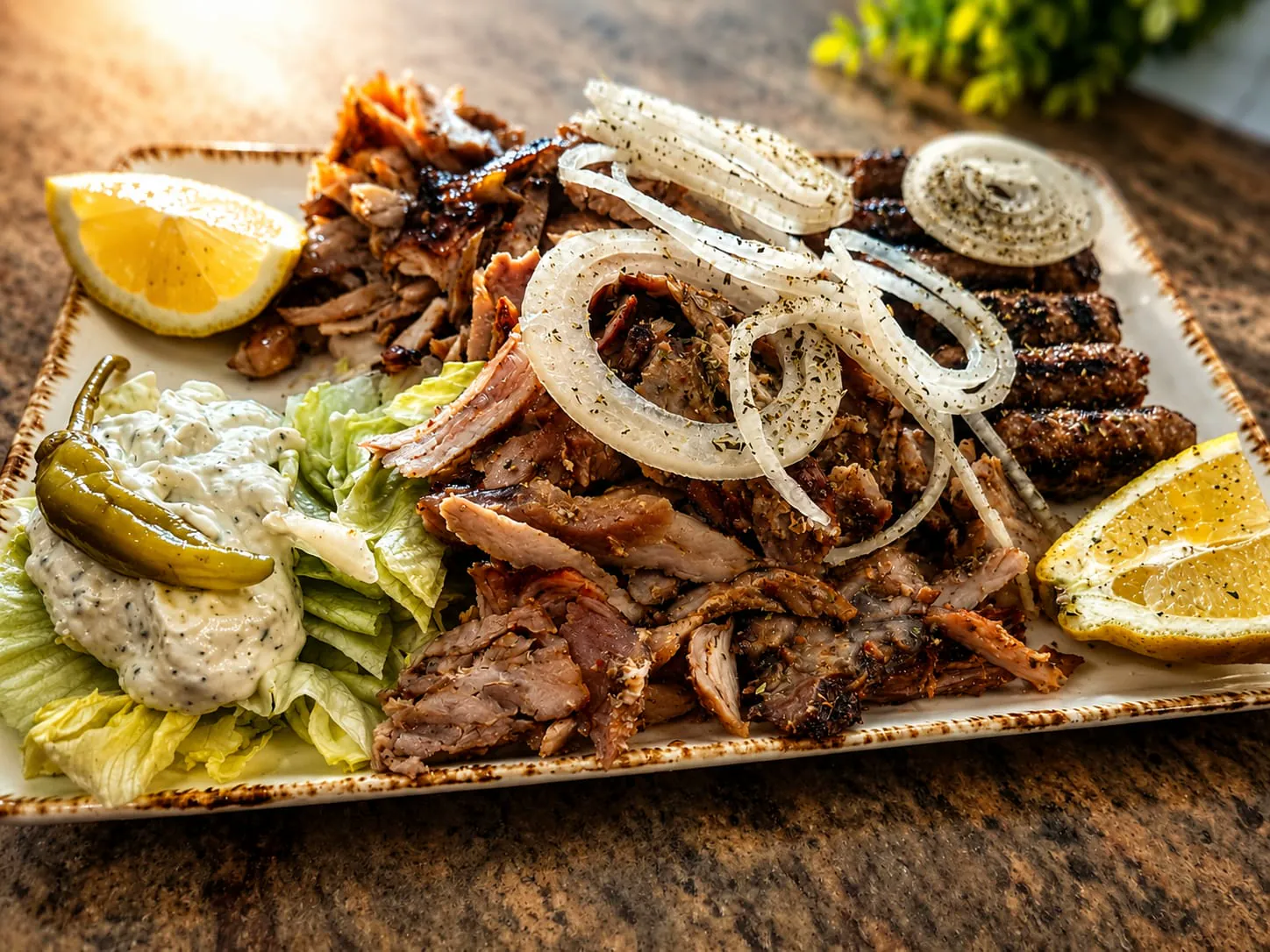 Grillteller mit Gyros, Hackfleischröllchen, Zwiebelringen, Zitrone, Zaziki und Peperoni